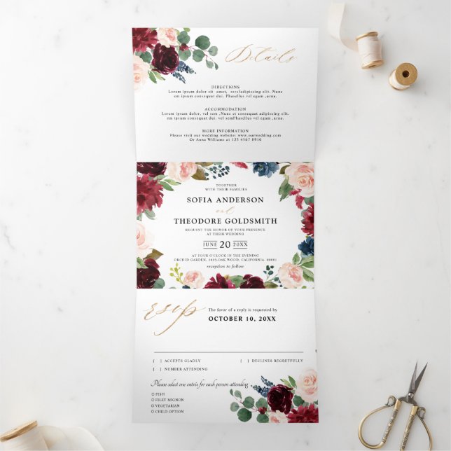 Burgund Navy Floral Rustic Country Wedding Dreifach Gefaltete Ankündigung (Innenseite)