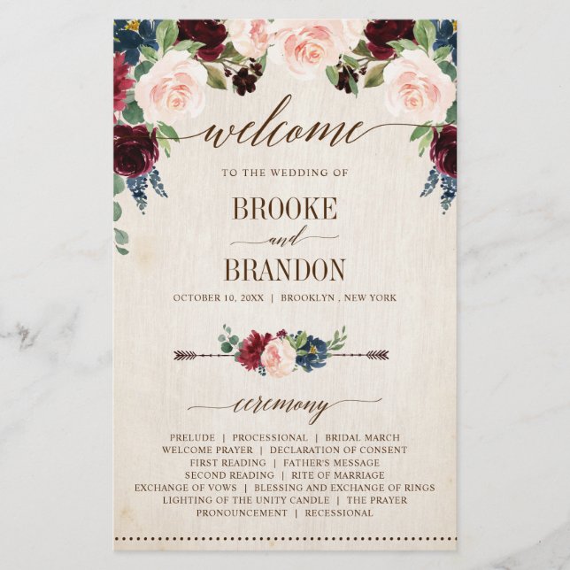 Burgund Navy Floral Rustikal Country Programm (Vorderseite)