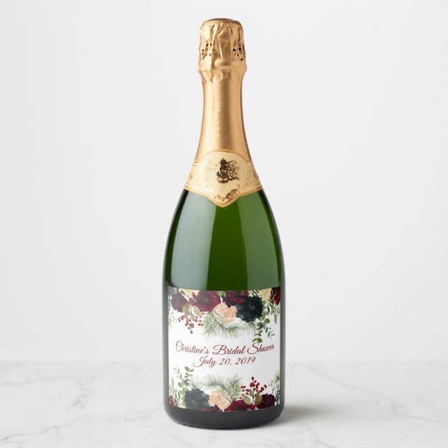 Burgund, Navy Floral Sparkling Wine Labels (Vorderseite)