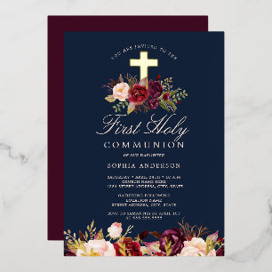 Burgund Navy Gold Kreuz Mädchen Erstkommunion  Folieneinladung