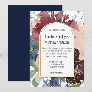 Burgund, Navy, Rose und Gold Florale Hochzeit Einladung