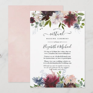 Burgund, Navy und Blush Blumen Hochzeit Virtuell Einladung