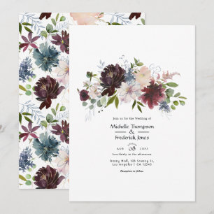 Burgund, Navy und Blush Blumenhochzeit Einladung