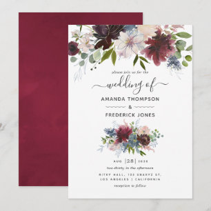 Burgund, Navy und Blush Blumenhochzeit Einladung