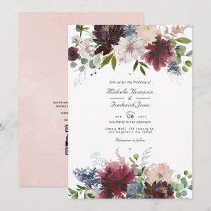 Burgund, Navy und Blush Blumenhochzeit mit QR-Code Einladung