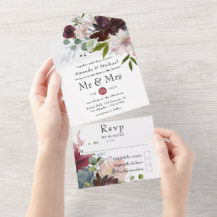 Burgund, Navy und Blush Florale Hochzeit All In One Einladung