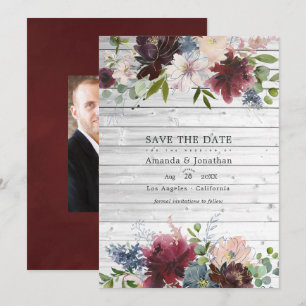 Burgund, Navy und Blush Florale Hochzeitsfoto Save The Date