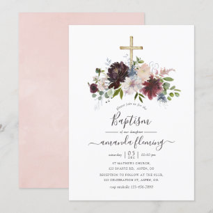 Burgund, Navy und Blush Florale Taufe Einladung