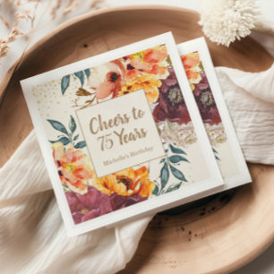 Burgund Orange Floral Gold Prost 75 Jahre Serviette