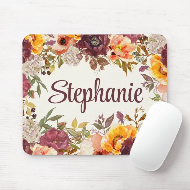 Burgund Orange Wasserfarbe Herbst Herbstflorname Mousepad (Mit Mouse)