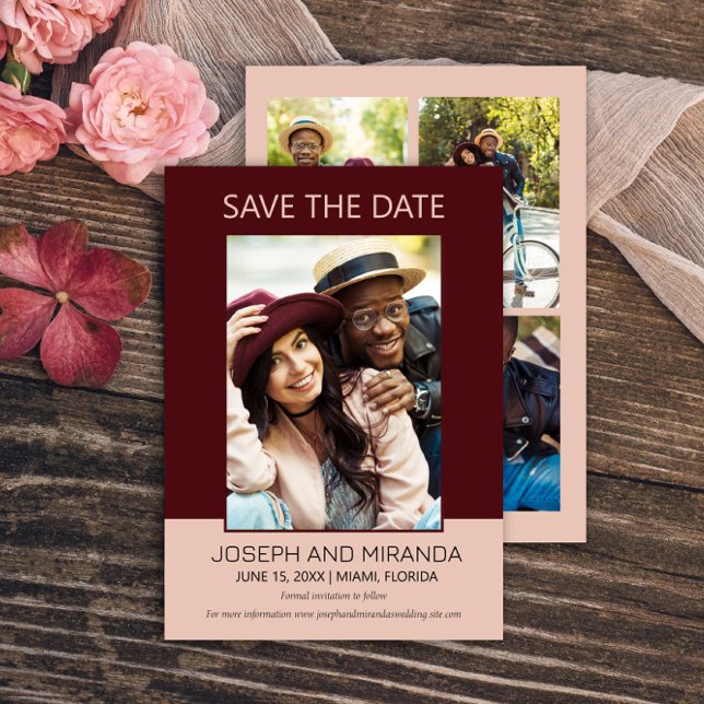 Burgund Pink 4 Foto Hochzeitsstimme Rett Datum Ret Save The Date (Burgundy and pink 4-photo (front and back) wedding Save the Date flat card)
