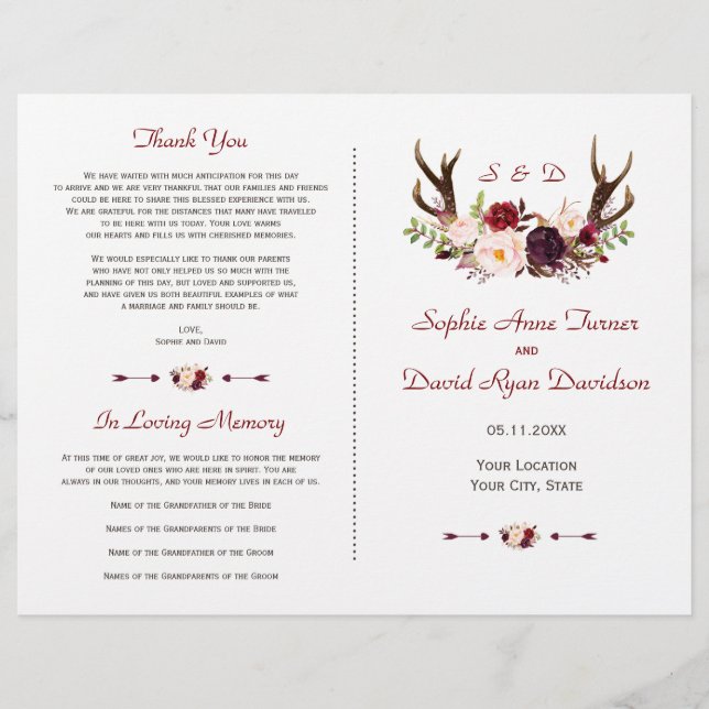 Burgund Pink Blume Antlers Wedding Programm Flyer (Vorne)