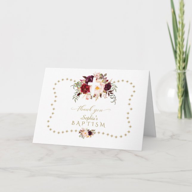 Burgund Pink Blume Gold Glitzer Sparkle Taufe Dankeskarte (Vorderseite)