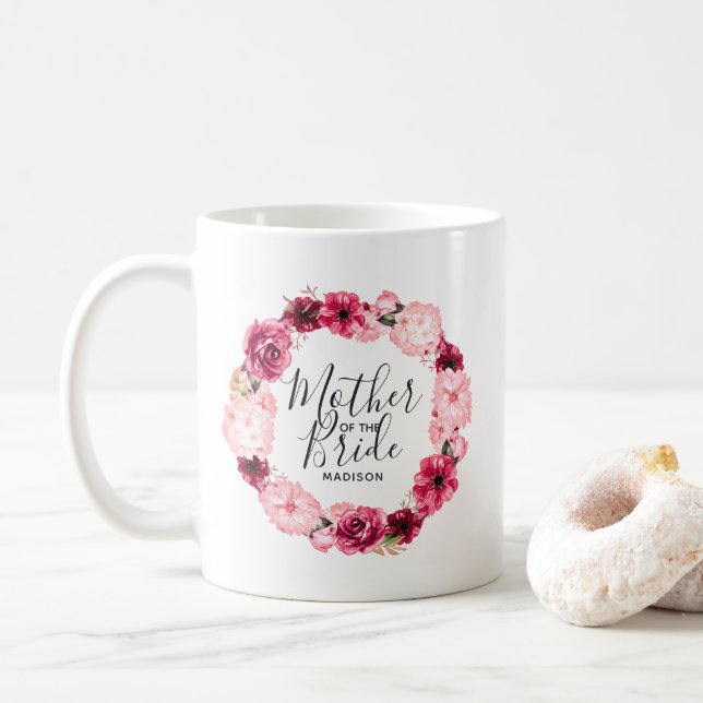 Burgund & Pink Blütenmutter der Braut Kaffeetasse (Mit Donut)