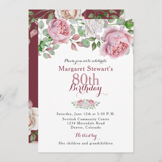 Burgund Pink Country Rose 80. Geburtstag Einladung (Vorne/Hinten)