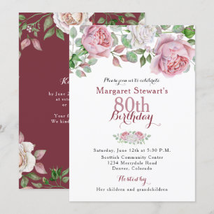 Burgund Pink Country Rose 80. Geburtstag Einladung