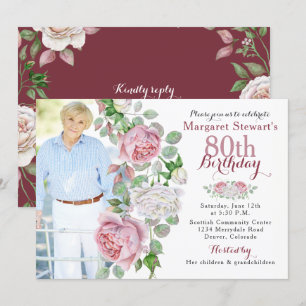 Burgund Pink Country Rose Foto 80. Geburtstag Einladung