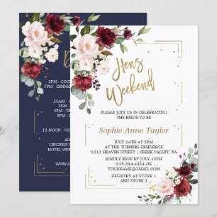 Burgund Pink Floral Gold Bachelorette Wochenende Einladung