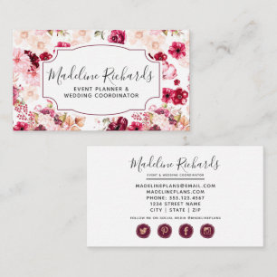 Burgund & Pink Floral mit Social Media Icons Visitenkarte