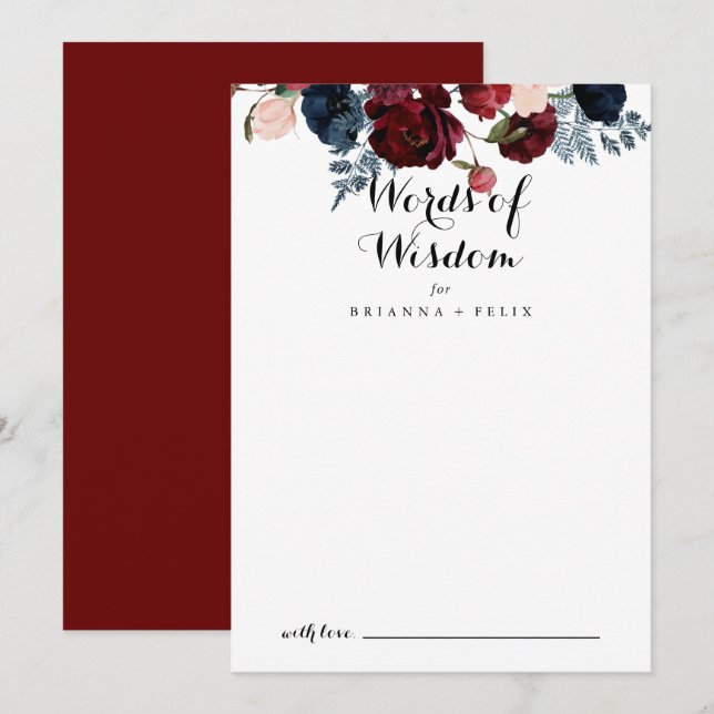 Burgund Pink Navy Bloralhochzeiten Worte der Weish Hinweiskarte (Vorne/Hinten)