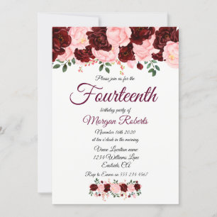 Burgund Pink Rose 14. Geburtstagsparty Einladung