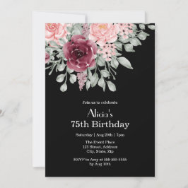 Burgund Pink Rose Elegant Flora 75. Geburtstag Einladung