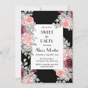 Burgund Pink Rose Flora Sweet 16 Black Birthday Einladung