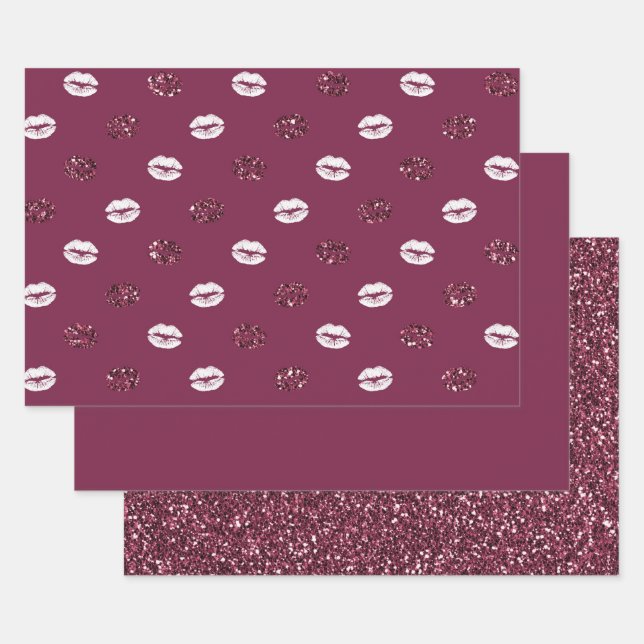 Burgund Pink Roter Glitzer Weiße Kisses Lippen Geschenkpapier Set (Set)