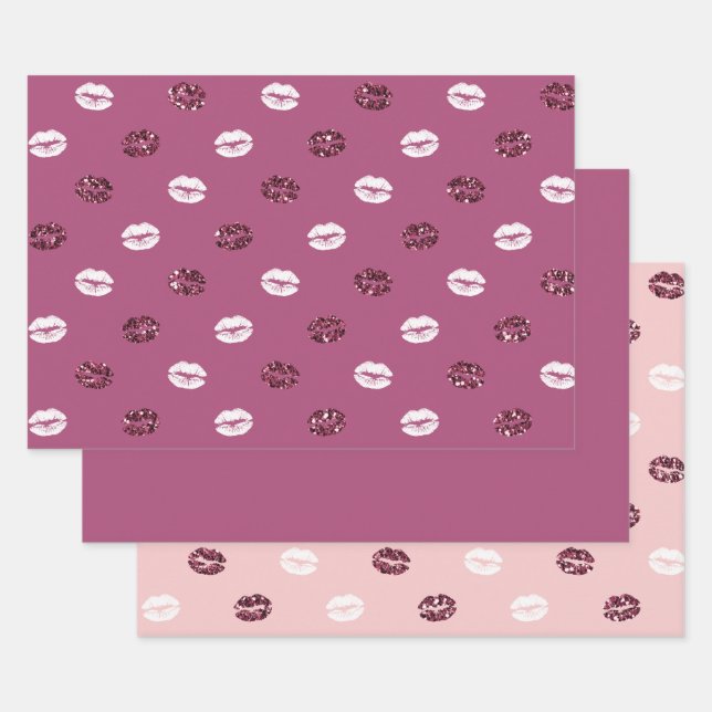 Burgund Pink Roter Glitzer Weiße Kisses Lippen Geschenkpapier Set (Set)