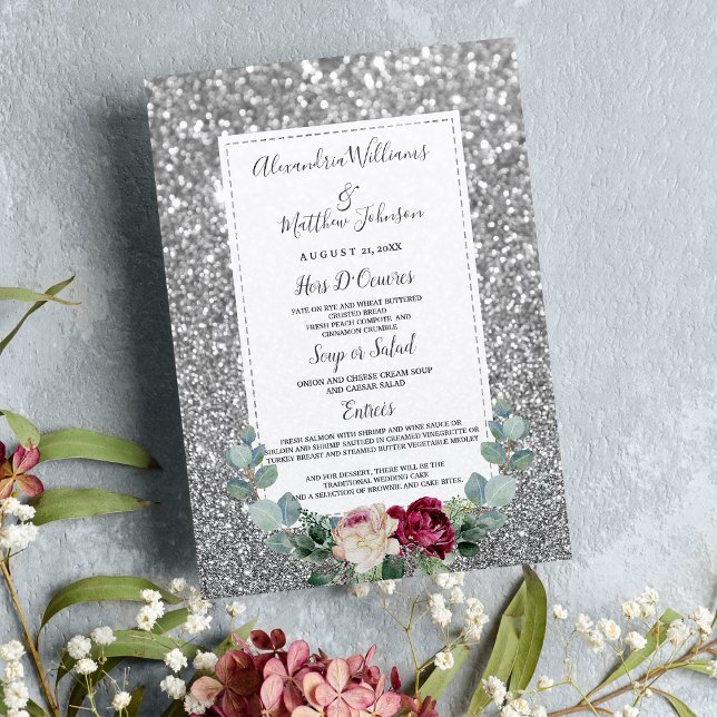 Burgund pinkfarbenen, silberfarbenen Glitzer Hochz Menükarte (Burgundy pink floral silver glitter Wedding Menu)