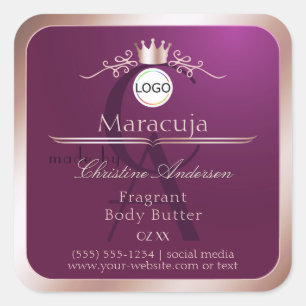 Burgund Produktlabel Roségoldrahmen Monogramm Quadratischer Aufkleber