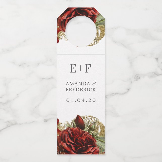 Burgund Red and Gold Vintage Rose Hochzeit Flaschenanhänger (Vorderseite)