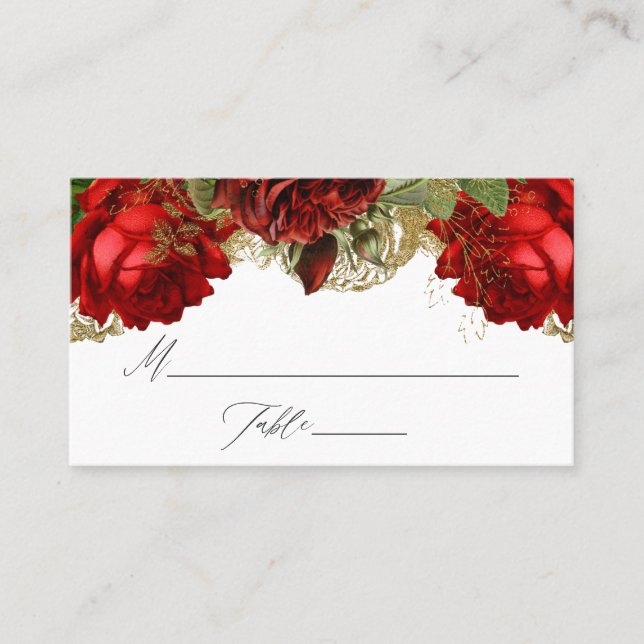 Burgund Red and Gold Vintage Rose Hochzeit Platzkarte (Vorderseite)