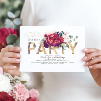 Burgund Red and Navy Blue Floral Surprise Party Einladung