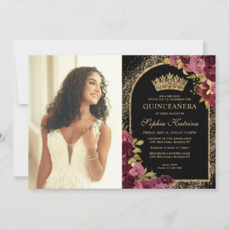Burgund Red Black Gold Floral Foto Quinceanera Einladung