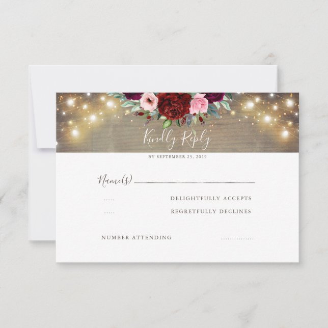 Burgund Red Blume Rustic Wedding RSVP (Vorderseite)