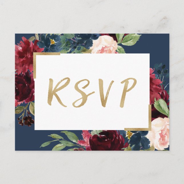 Burgund Red Blush Bloral Navy Blue Wedding RSVP Einladungspostkarte (Vorderseite)