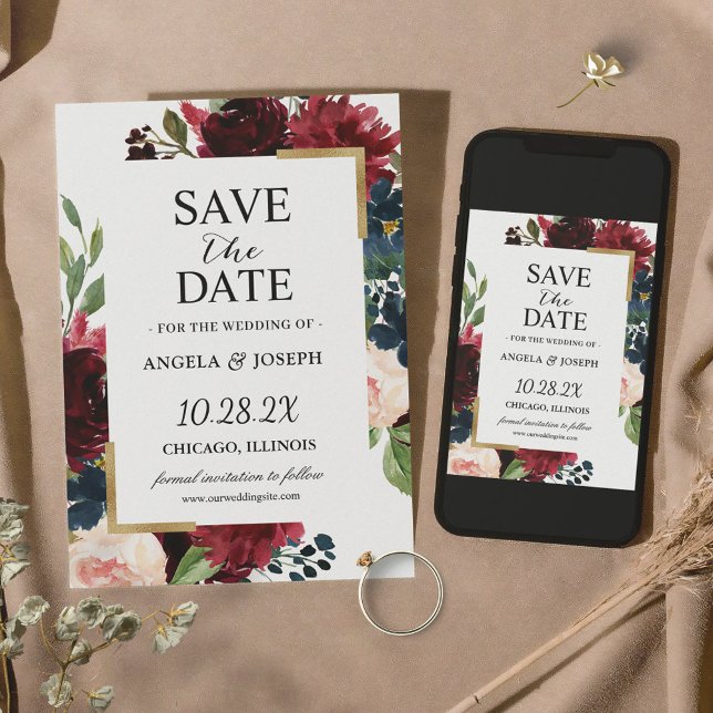 Burgund Red Blush Blue Floral Moderne Glam Hochzei Save The Date (Von Creator hochgeladen)