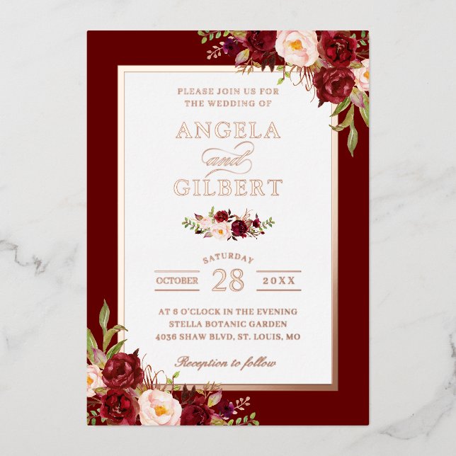 Burgund Red Blush Floral Wedding Rose Gold Folieneinladung (Vorderseite)