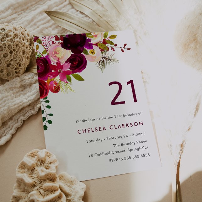 Burgund Red Boho Blume 21. Geburtstag Party Einladung (Von Creator hochgeladen)
