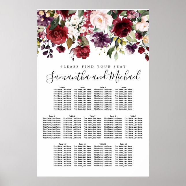 Burgund Red Floral 13-Tisch Hochzeitsstuhl Poster (Vorne)