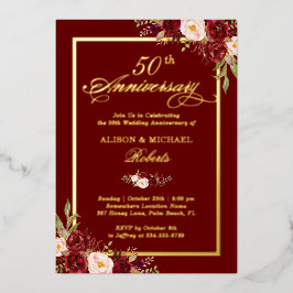 Burgund Red Floral 50. Hochzeitstag Gold Folieneinladung