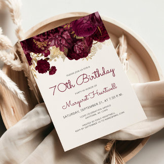 Burgund Red Floral 70. Geburtstagsparty Einladung