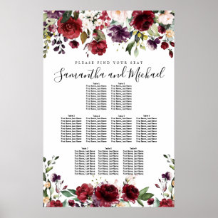 Burgund Red Floral 9-Tisch Hochzeitstabelle Poster