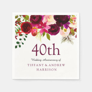 Burgund Red Floral Boho 40. Hochzeitstag Serviette