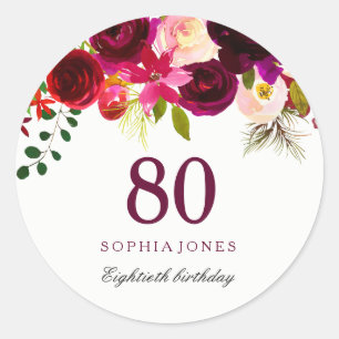 Burgund Red Floral Boho 80. Geburtstagsparty Runder Aufkleber
