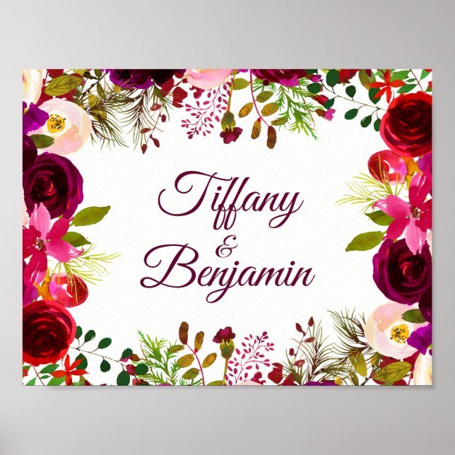 Burgund Red Floral Boho Wedding Party Poster (Vorne)