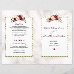 Burgund Red Floral Gold Marmor Hochzeitsprogramm