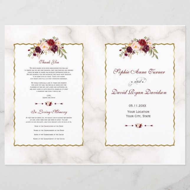 Burgund Red Floral Gold Marmor Hochzeitsprogramm (Vorderseite)