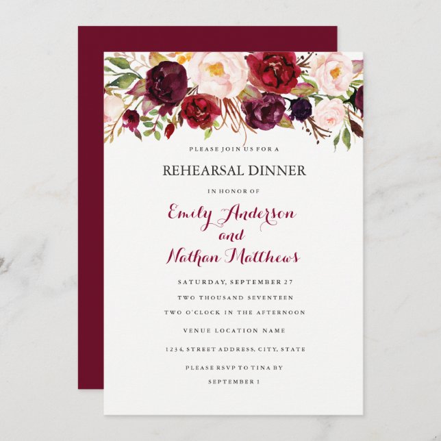Burgund Red Floral Herbst Probe Dinner Card Einladung (Vorne/Hinten)